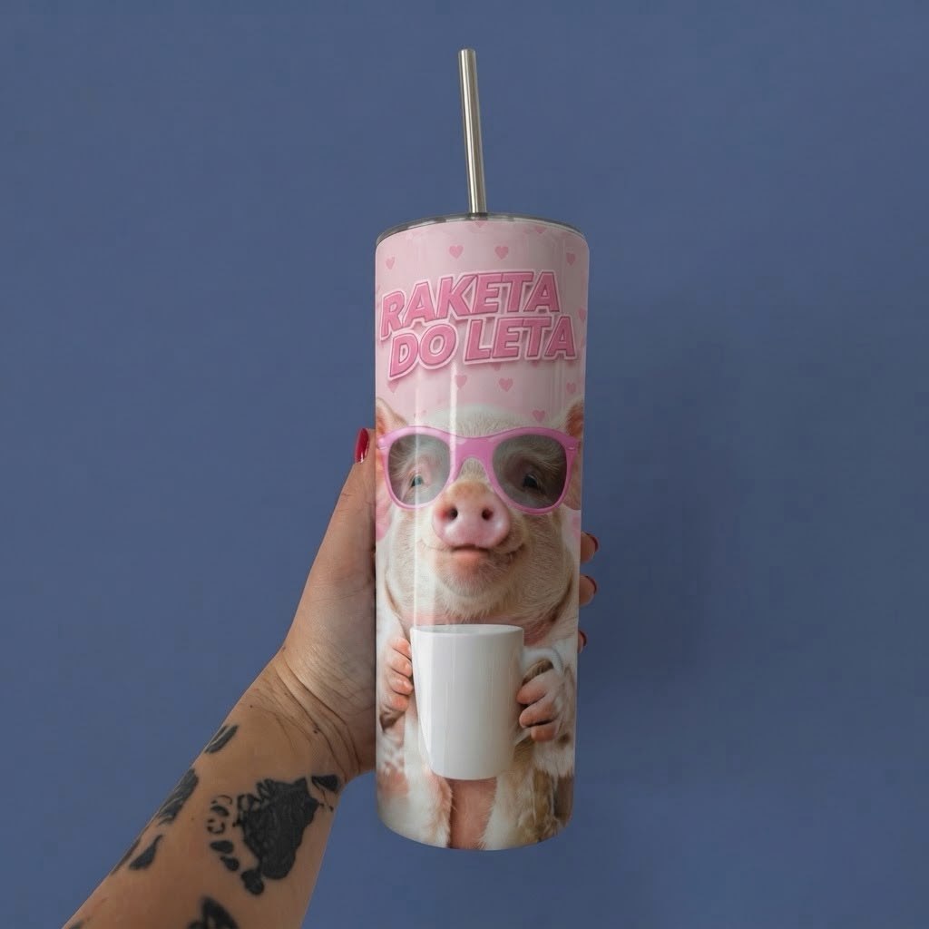 Roze tumbler sa crtežom praseta sa naočarima i šoljicom, natpis Raketa do leta
